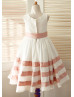 Ivory Taffeta Pink Stripes Knee Length Flower Girl Dress  